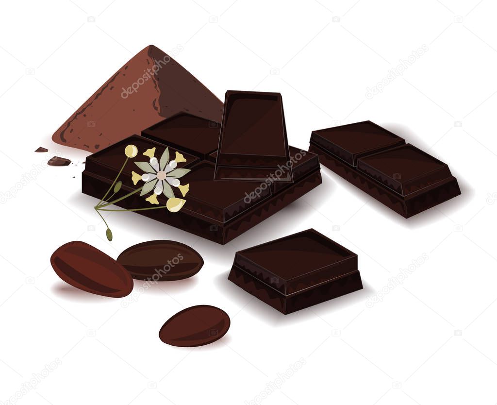 Vector illustration, banner with cocoa powder, chocolate bar and cocoa beans. Print, template, design element for packaging and advertising