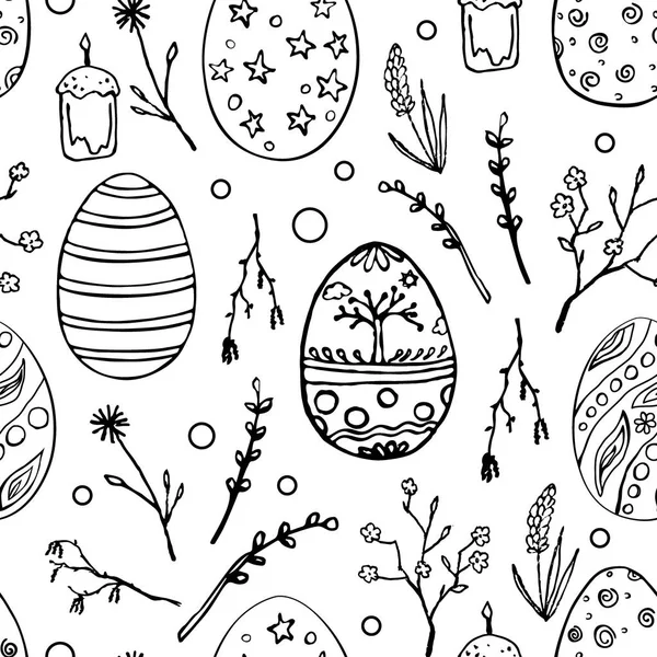 Seamless Easter pattern with doodle ornamental eggs and floral motifs. Vintage spring holiday background. Black and white sketch. Eggs, flower and branches. — Stock Vector