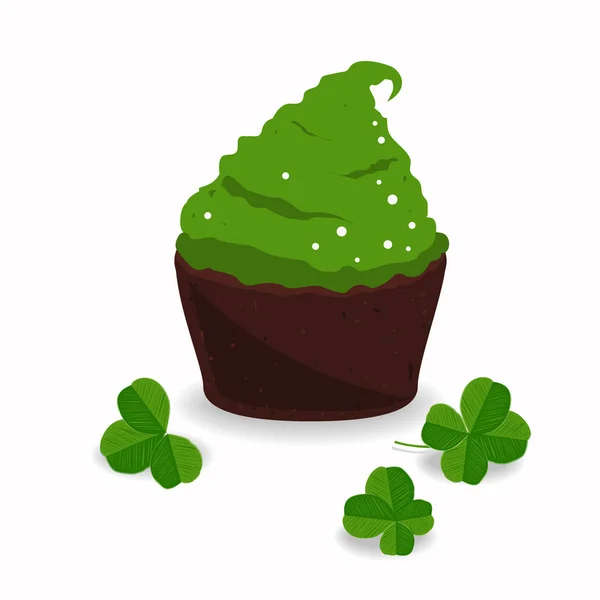 Tasty cupcake and clover, isolated on white. Saint Patrics Day design elements — Stock Vector