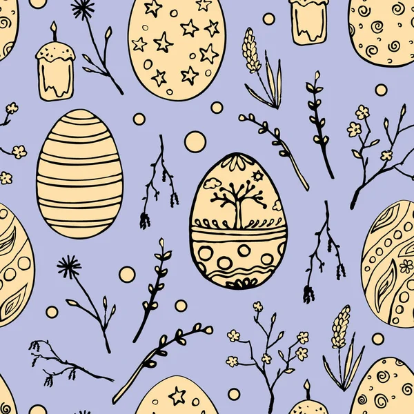 Doodle süs yumurta ve bitkisel motifler ile Seamless Paskalya modeli. Vintage bahar tatil arka plan. Elle çizilmiş vektör — Stok Vektör