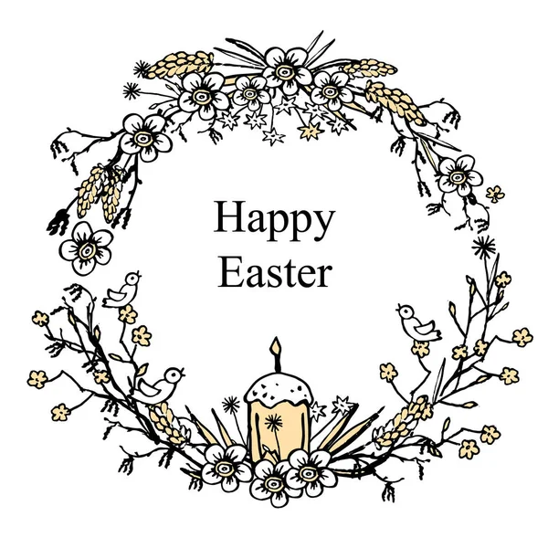 Cartão de felicitações para a Páscoa com grinalda floral com ovo, pássaro, bolo de Páscoa e brunches. Fundo vintage desenhado à mão. Vetor — Vetor de Stock