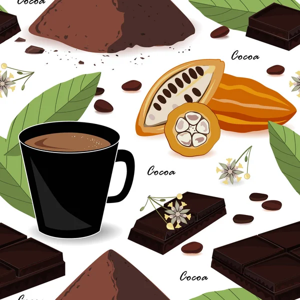 Симпатичный и стильный бесшовный узор. Какао-бобы и листья, шоколад, какао и порошок. Векторная иллюстрация — стоковый вектор
