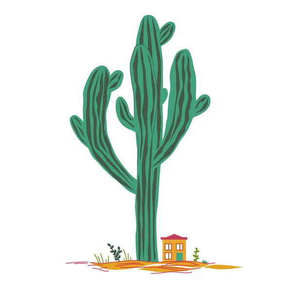 Desenho animado bonito ilustração com alto cacto saguaro e casa liitle. Paisagem de fadas mexicana, impressão para cartões ou têxteis —  Vetores de Stock