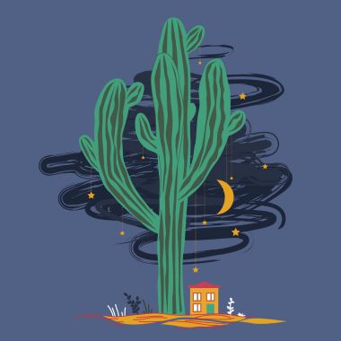 Sevimli çizgi resimde yüksek saguaro kaktüs ve liitle ev. Meksika peri manzara, kartlar veya Tekstil baskı