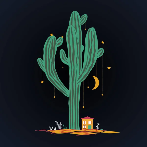 Ilustrasi kartun lucu dengan kaktus saguaro tinggi dan rumah liitle. Pemandangan peri Meksiko, cetakan untuk kartu atau tekstil - Stok Vektor