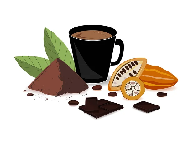 Luminoso banner con bevanda al cacao, cacao in polvere, barretta di cioccolato, fagioli di cacao e frutti di cacao. Stampa, modello, elemento di design per imballaggi e pubblicità. Vettore — Vettoriale Stock