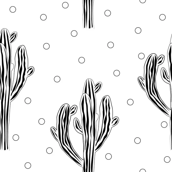 Niedliche Kakteen nahtlose Vektormuster mit grafischem Saguaro und Doodle-Punkten. Kakteen Stoff Print Design. — Stockvektor