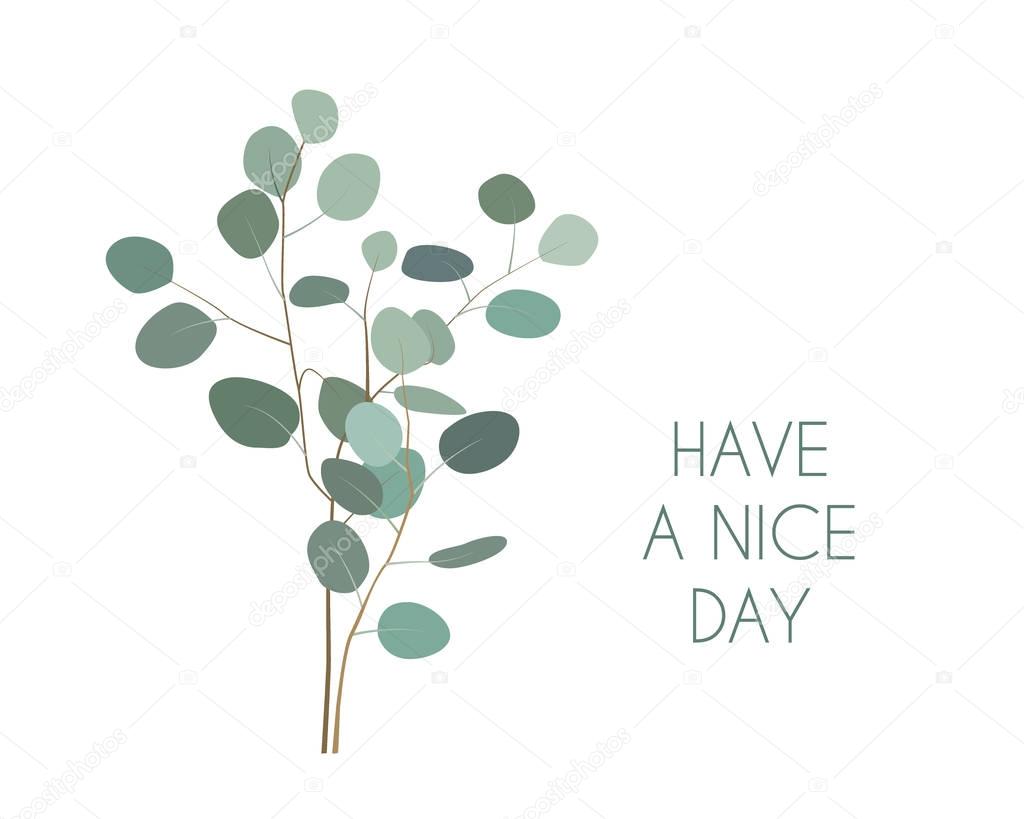 Have a nice Day greeting card with silver dollar Eucalyptus plant branches. Hand painted eucalyptus elements isolated on white background