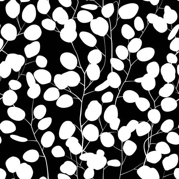 Patrón sin costuras con silueta de eucalipto. Adorno floral con ramas de eucalipto de dólar de plata. Blanco y negro , — Vector de stock