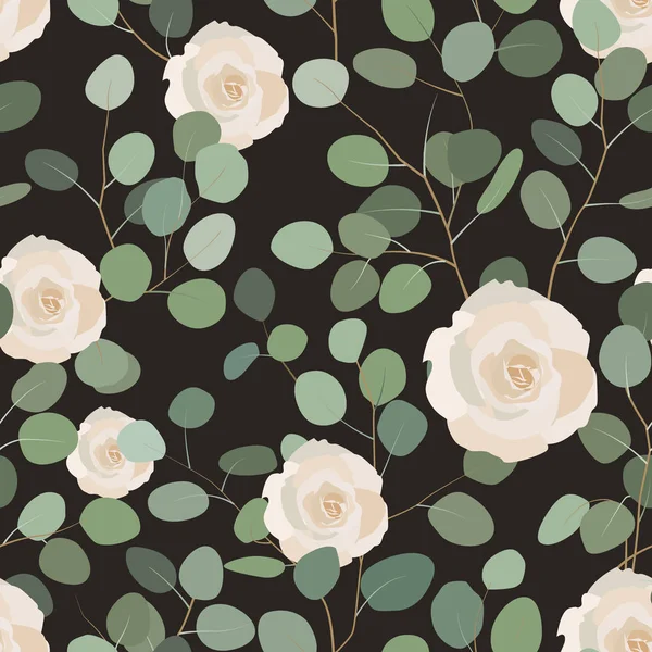 Бесшовный рисунок с эвкалиптом и розами. Элегантный ручной роспись цветочного орнамента. Вектор — стоковый вектор