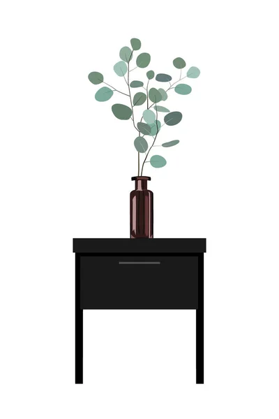 Branches d'eucalyptus dans un vase bouteille sombre debout à la table de chevet. Fond blanc. Illustration vectorielle — Image vectorielle