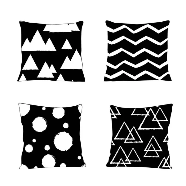 Реалистичные модели подушек с различными геометрическими отпечатками и узорами в черно-белых цветах. Элементы дизайна квартиры. Скандинавская коллекция — стоковый вектор