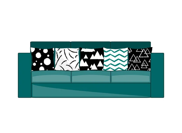 Canapé moderne en tissu cyan à trois places avec ornement moderne oreillers noirs et blancs — Image vectorielle