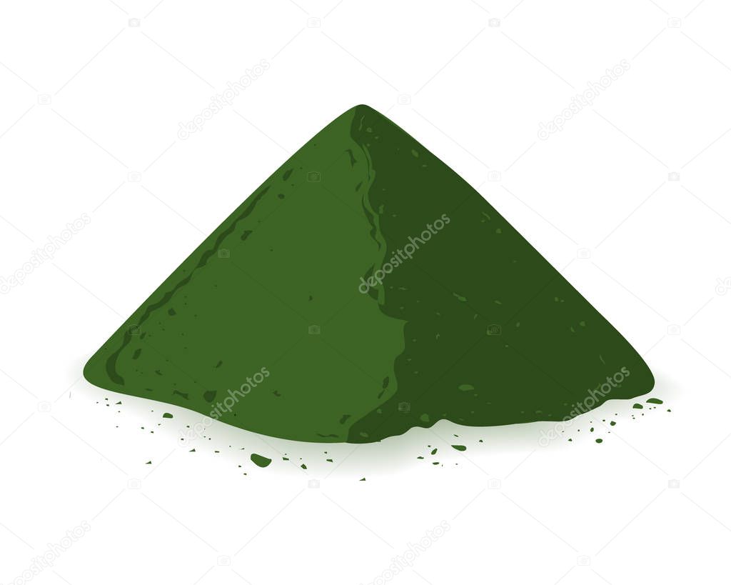 Stack of chlorophyll, spirulina or chlorella algae powder isolated on white background