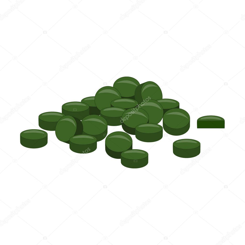 Spirulina, chlorophyll, or chlorella tablets isolated on white background