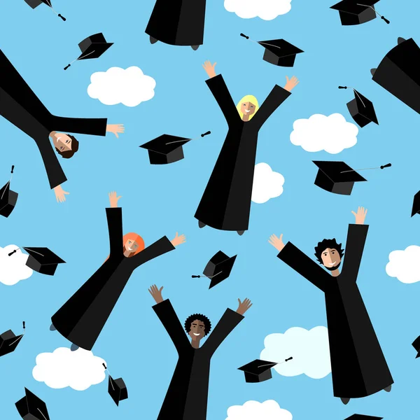 Graduados felices volando en el aire con sombreros de graduación. Jumping Students and Graduation Caps. Patrón sin costura vectorial — Archivo Imágenes Vectoriales