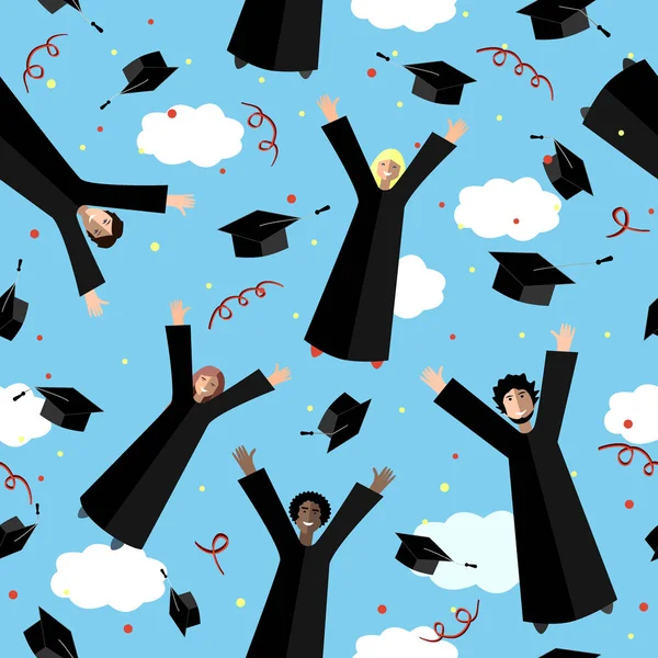 Happy Graduates flying in the air with graduation hats. Jumping Students and Graduation Caps. Vector seamless pattern — Stock Vector