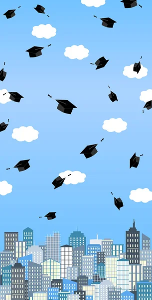 Graduation czapki wysoko w powietrze nad miastem. Transparent uroczystość ukończenia szkoły. Wektor karty. — Wektor stockowy
