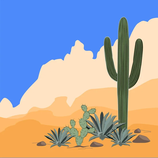 Padrão mexicano com opuntia, agave e saguaro cacti. Fundo das montanhas. Lugar para texto — Vetor de Stock