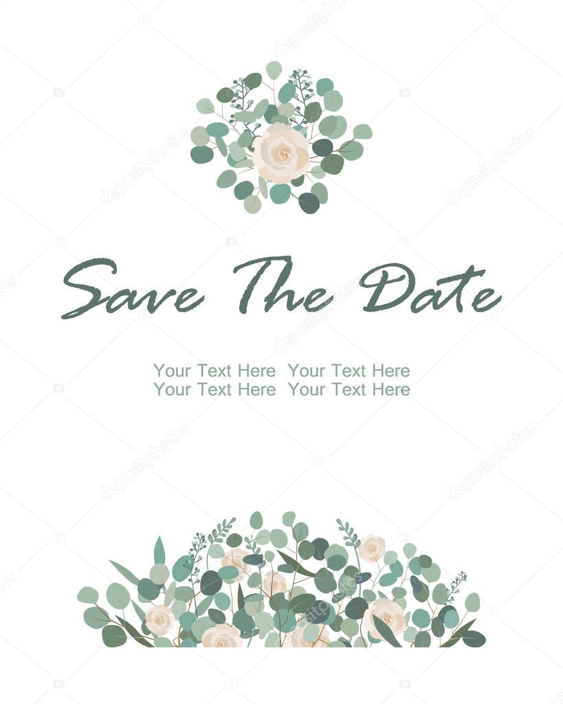 Save the Date card with white rose flowers and eucalyptus frame. Greeting, wedding invite template. Vector illustration