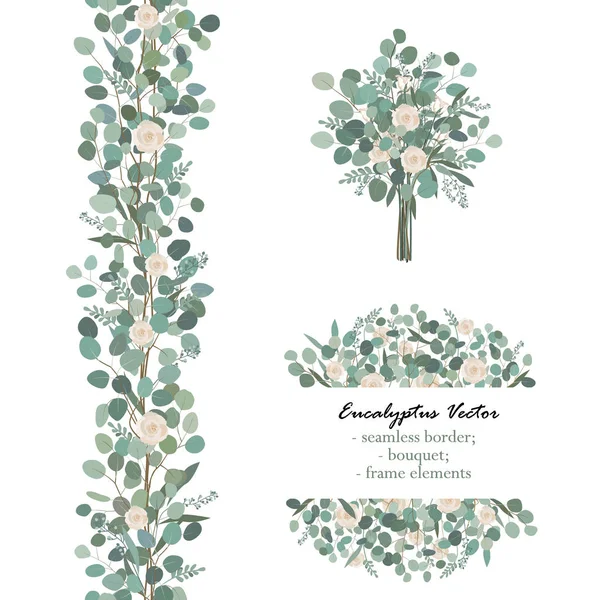 Design elements with white rose flowers and eucalyptus branches. Bouquet, seamless border, frame element. Greeting, wedding invite template — Stock Vector