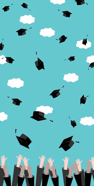 Graduados manos lanzando sombreros de graduación en el aire. Celebración Educación Graduado Éxito Estudiantil. Diseño plano, ilustración vectorial . — Archivo Imágenes Vectoriales