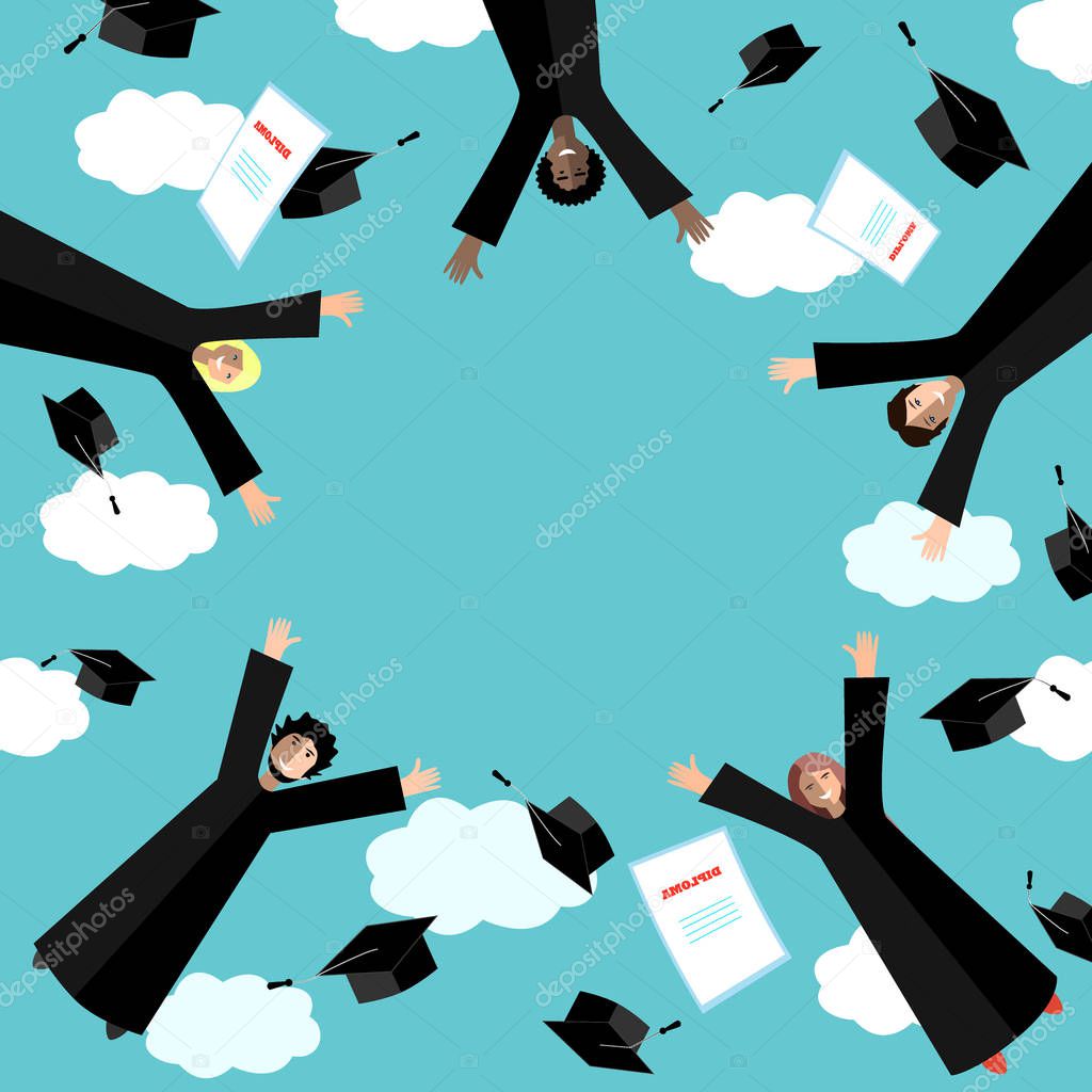 Happy Graduates flying in the air with graduation hats. Jumping Students and Graduation Caps in the sky. Vector card.