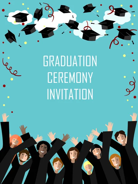 Graduation poster with happy graduates throwing graduation hats in the sky. — Stock Vector