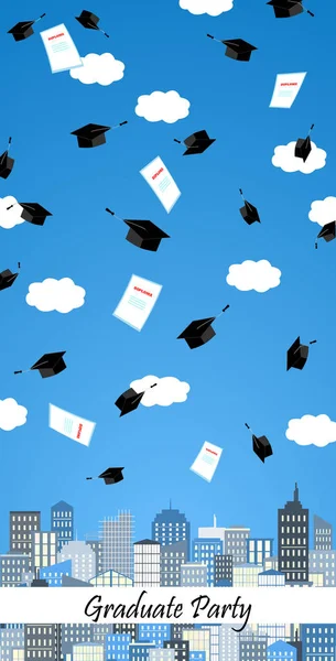 Sombreros de graduación en el aire por encima de la ciudad. Banner de ceremonia de graduación. Tarjeta vectorial . — Archivo Imágenes Vectoriales