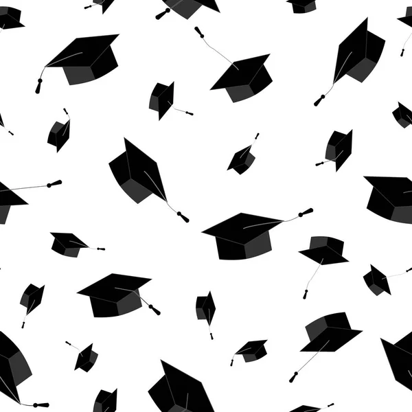 Las gorras de graduación vuelan en el aire. Patrón sin costuras. Ilustración vectorial, blanco y negro — Archivo Imágenes Vectoriales
