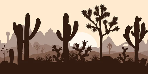 Pustynia wzór z joshua drzew, opuntia i saguaro — Wektor stockowy