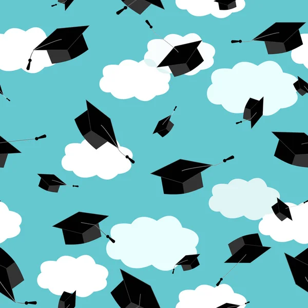 毕业生们在乌云密布的天空中戴帽子。无缝模式 — 图库矢量图片