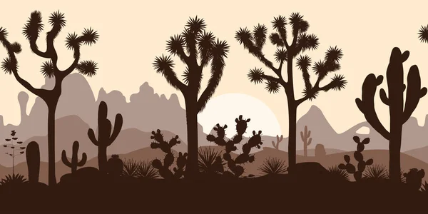 Patrón sin costura del desierto con árboles de joshúa, opuntia y saguaro — Vector de stock