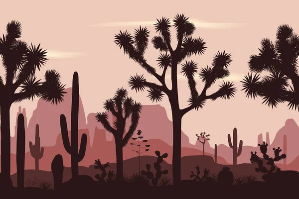 Patrón sin costura del desierto con árboles de joshúa, opuntia y saguaro — Vector de stock