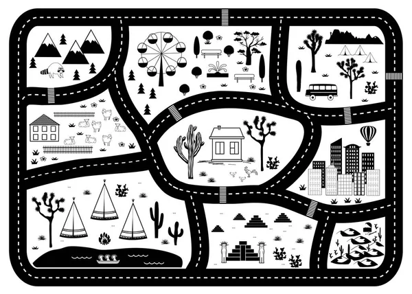 Road, Mountains and Woods Adventure Map. Kids play carpet — Stock Vector