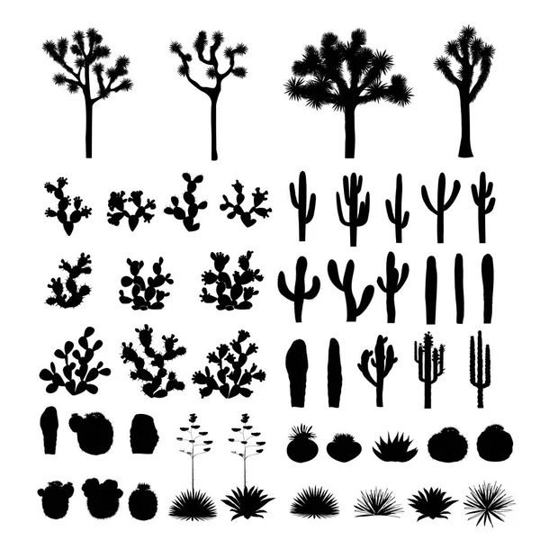 Big collection of black silhouettes of cacti, agaves, joshua tree, and prickly pear — Stock Vector