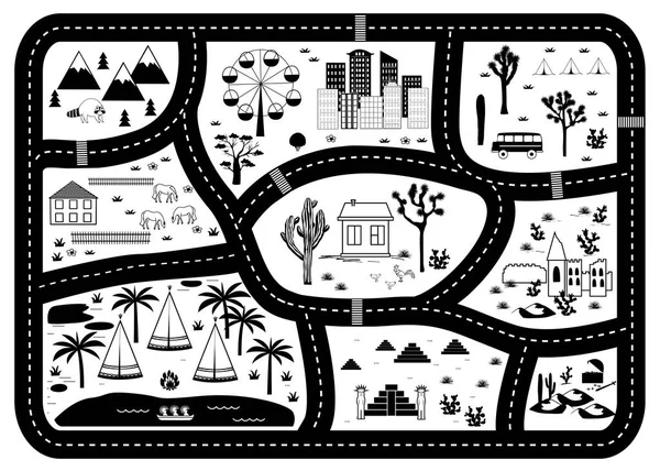 Road, Mountains and Woods Adventure Map. Kids play carpet — Stock Vector