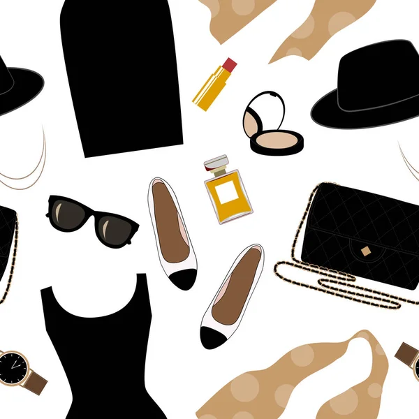 Fond Sans Couture Avec Des Objets Mode Rétro Chapeaux Femmes — Image vectorielle