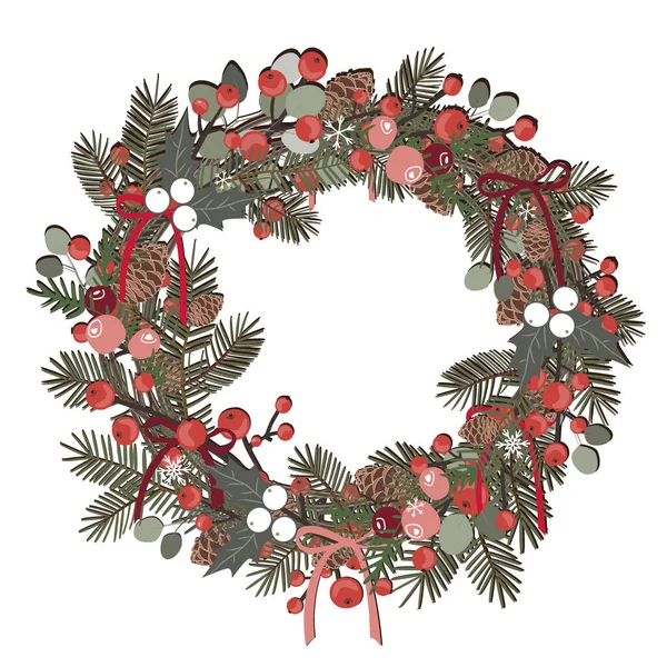 Prachtige kerstkrans van dennentakken, bessen, ilex, ceder en dennenappels op witte achtergrond. Vectorillustratie — Stockvector