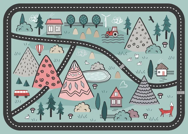 Söt handritad skandinavisk vektor bakgrund med hus, djur, träd och berg. Beskriv naturlandskapet. Perfekt för barn väg mattor, textil, väggbonad — Stock vektor
