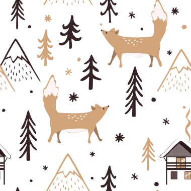 Orman ağaçları, dağlar ve tilkilerle kusursuz bir Noel deseni. Yeni yılın kutlu olsun. Kış tatili için Xmas Vector tasarımı. Çocuk çizim stili orman illüstrasyonu.