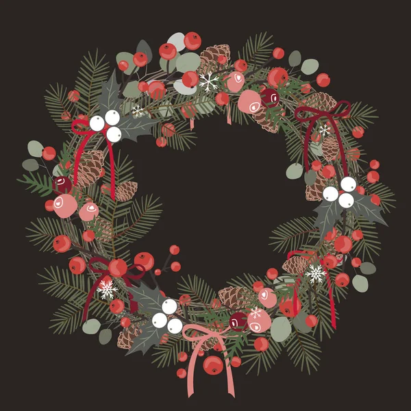 Wunderschöner weihnachtlicher dekorativer Kranz aus Tannenzweigen, Beeren, Ilex, Zeder und Tannenzapfen auf weißem Hintergrund. Vektorillustration — Stockvektor