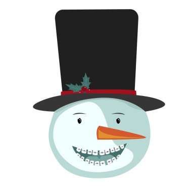 Sevimli Gülümseyen Kardan Adam Dişçi Diş telleriyle. Diş Hekimliği Noel Sezonu Konsepti, Vektör İllüstrasyonu.