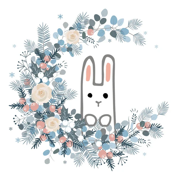 Winter wreath with roses, cones, berries, pine branches, leafs, and cute bunny. Vector illustration for postcards, calendars, posters, prints — Stock Vector