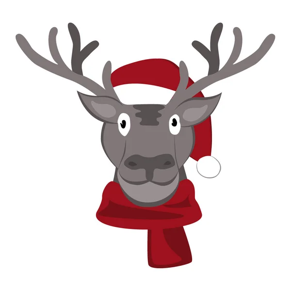 Ciervo de Navidad en Santa Claus Hat Vector Illustration. Icono animal de dibujos animados — Vector de stock