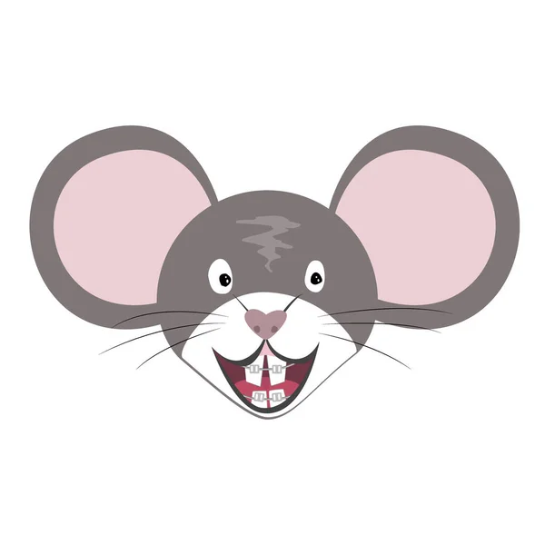 Vector Mouse Animal, o símbolo do zodíaco chinês. Cabeça de rato de desenho animado plana com aparelho de dentes, rosto de rato cinzento isolado. Símbolo de ano para clínicas odontológicas, cartaz, banner, impressão, propaganda — Vetor de Stock
