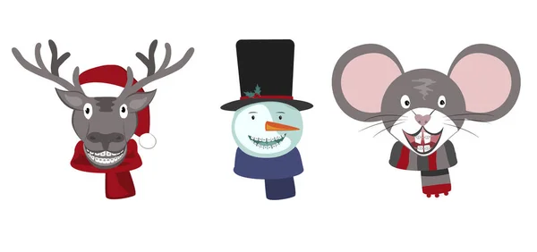 Встановлено Christmas Deer, Snowman, and Mouse with Dentist Teeth Braces. Концепція зимового сезону, Vector Illustration. Дивовижні ікони ортодонтичних символів 2020 року — стоковий вектор