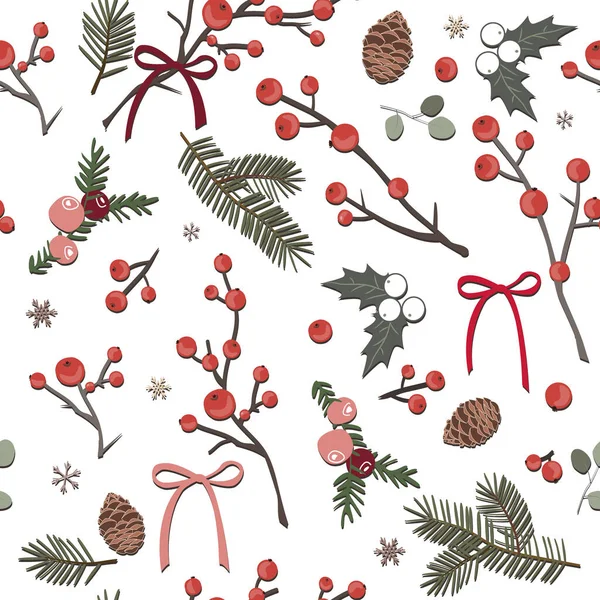 Leuke kerst naadloze patroon met rode bessen, sparren takken en hulst bladeren. Vector illustratie voor kaarten en inpakpapier — Stockvector