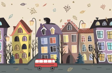 Autumn City Evleri kusursuz bir altyapıya sahip. Eski şehir sokağı. Eski bina sınırı. Karalama deseni. Vektör illüstrasyonu.