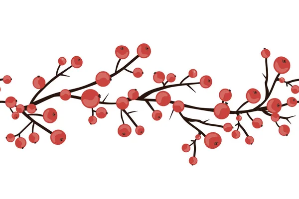 Χειμωνιάτικα σύνορα με κόκκινα μούρα. Απρόσκοπτη χριστουγεννιάτικο hawthorn μοτίβο για κάρτες, ύφασμα, ή χαρτί περιτυλίγματος. Διάνυσμα — Διανυσματικό Αρχείο